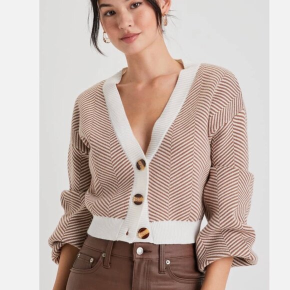 Lulus Sweaters - Lulus Brown & White Striped Button-Up Cardigan